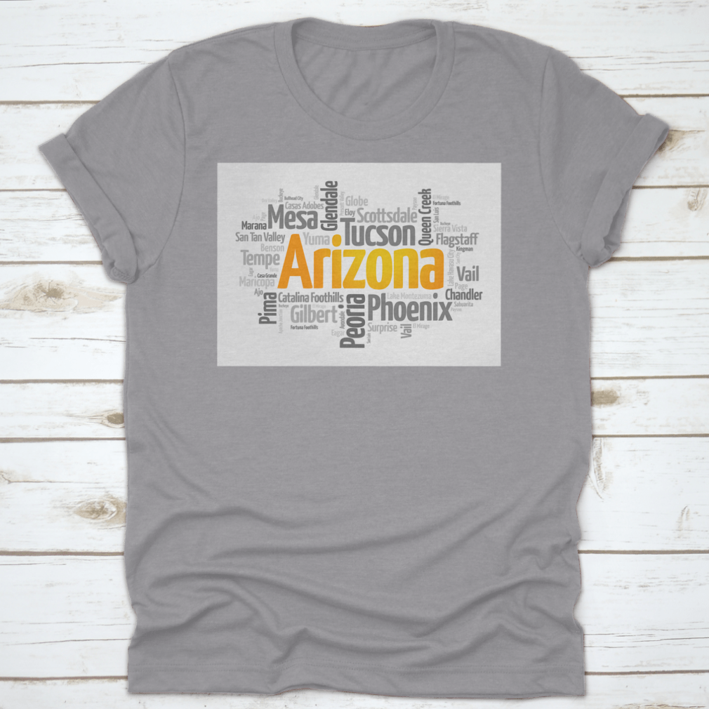 A stylish t-shirt featuring a word cloud design of cities in Arizona, showcasing vibrant colors and a comfortable fit.