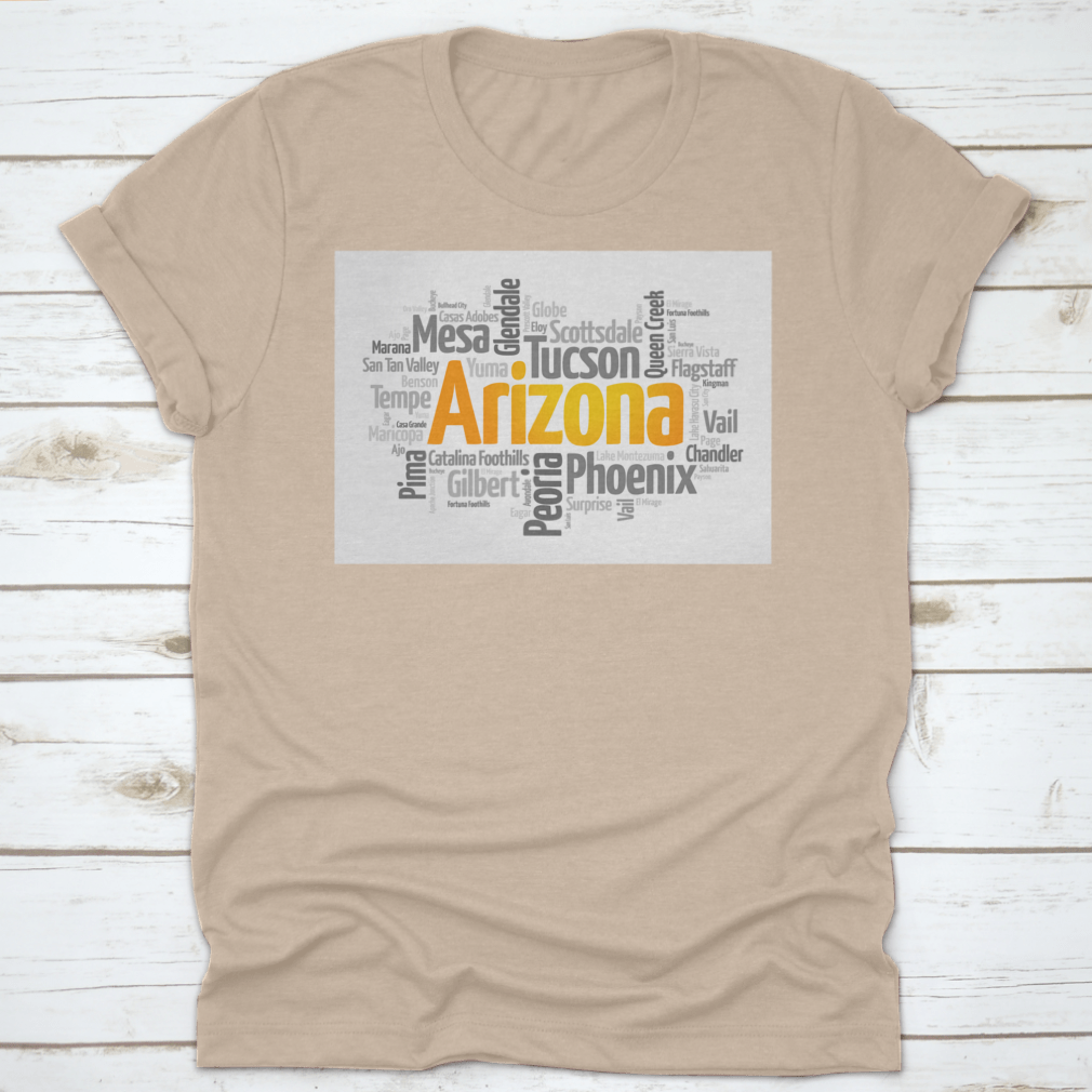 A stylish t-shirt featuring a word cloud design of cities in Arizona, showcasing vibrant colors and a comfortable fit.