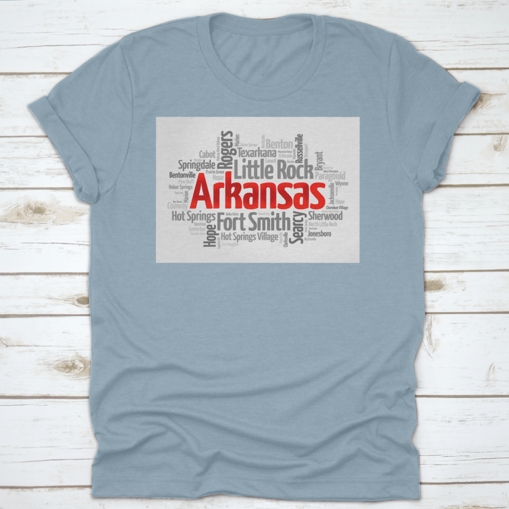 A stylish cotton shirt featuring a word cloud design of cities in Arkansas, showcasing vibrant colors and a comfortable fit.