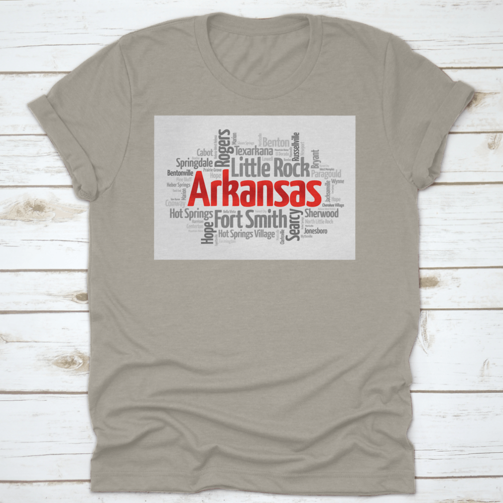 A stylish cotton shirt featuring a word cloud design of cities in Arkansas, showcasing vibrant colors and a comfortable fit.