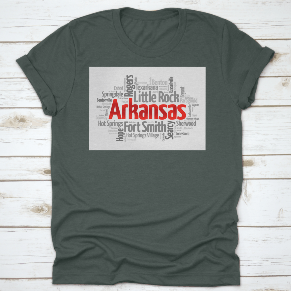 A stylish cotton shirt featuring a word cloud design of cities in Arkansas, showcasing vibrant colors and a comfortable fit.