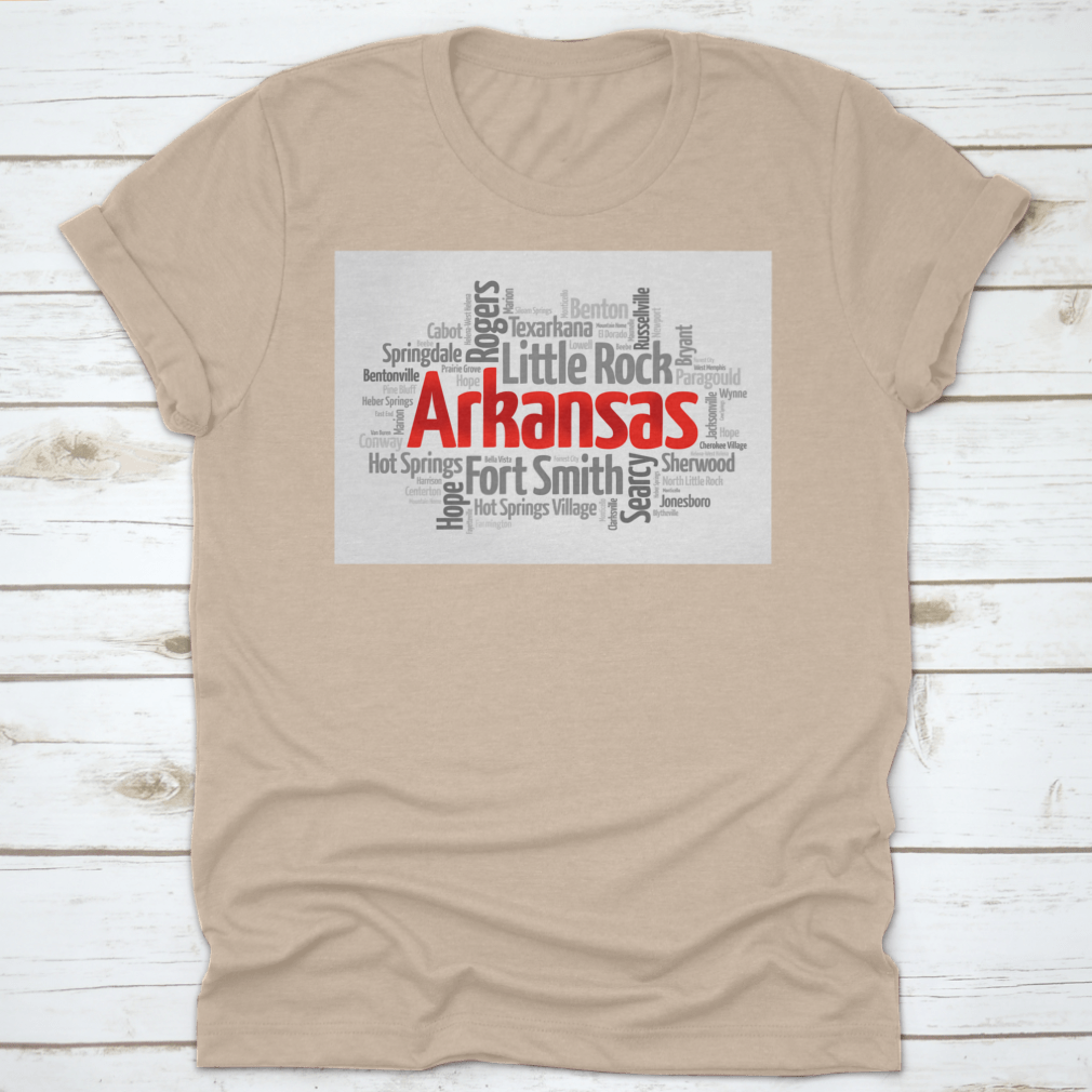 A stylish cotton shirt featuring a word cloud design of cities in Arkansas, showcasing vibrant colors and a comfortable fit.