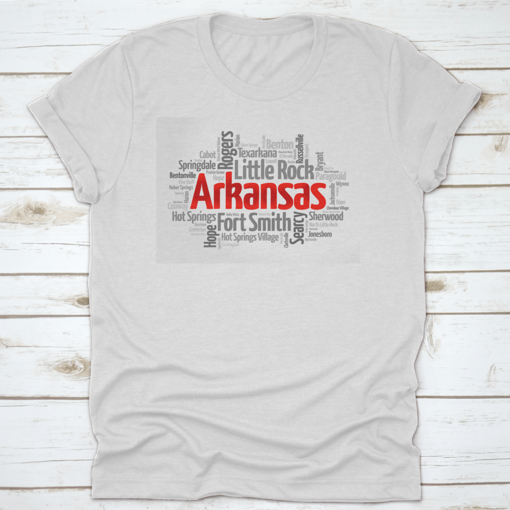 A stylish cotton shirt featuring a word cloud design of cities in Arkansas, showcasing vibrant colors and a comfortable fit.