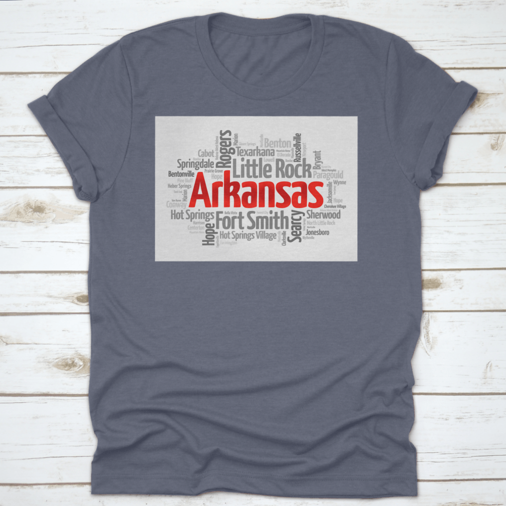 A stylish cotton shirt featuring a word cloud design of cities in Arkansas, showcasing vibrant colors and a comfortable fit.