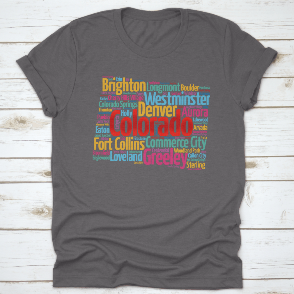 A comfortable List Of Cities In Colorado USA State T-shirt made from 100% cotton, showcasing a classic fit and midweight fabric.