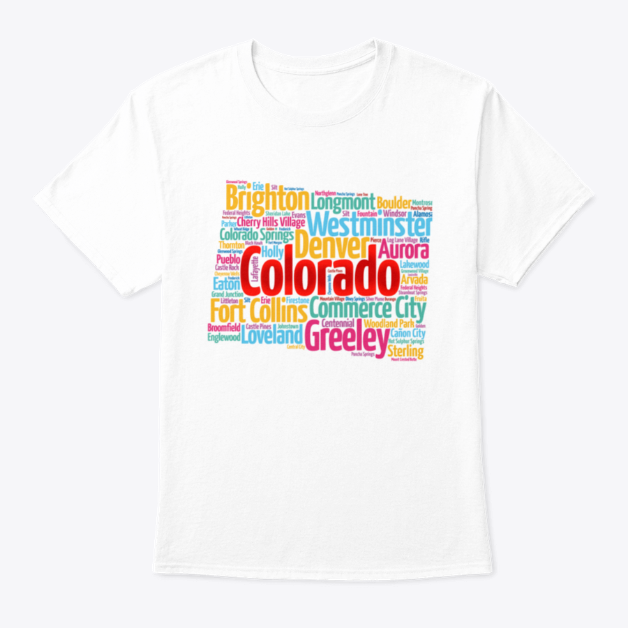 A comfortable List Of Cities In Colorado USA State T-shirt made from 100% cotton, showcasing a classic fit and midweight fabric.