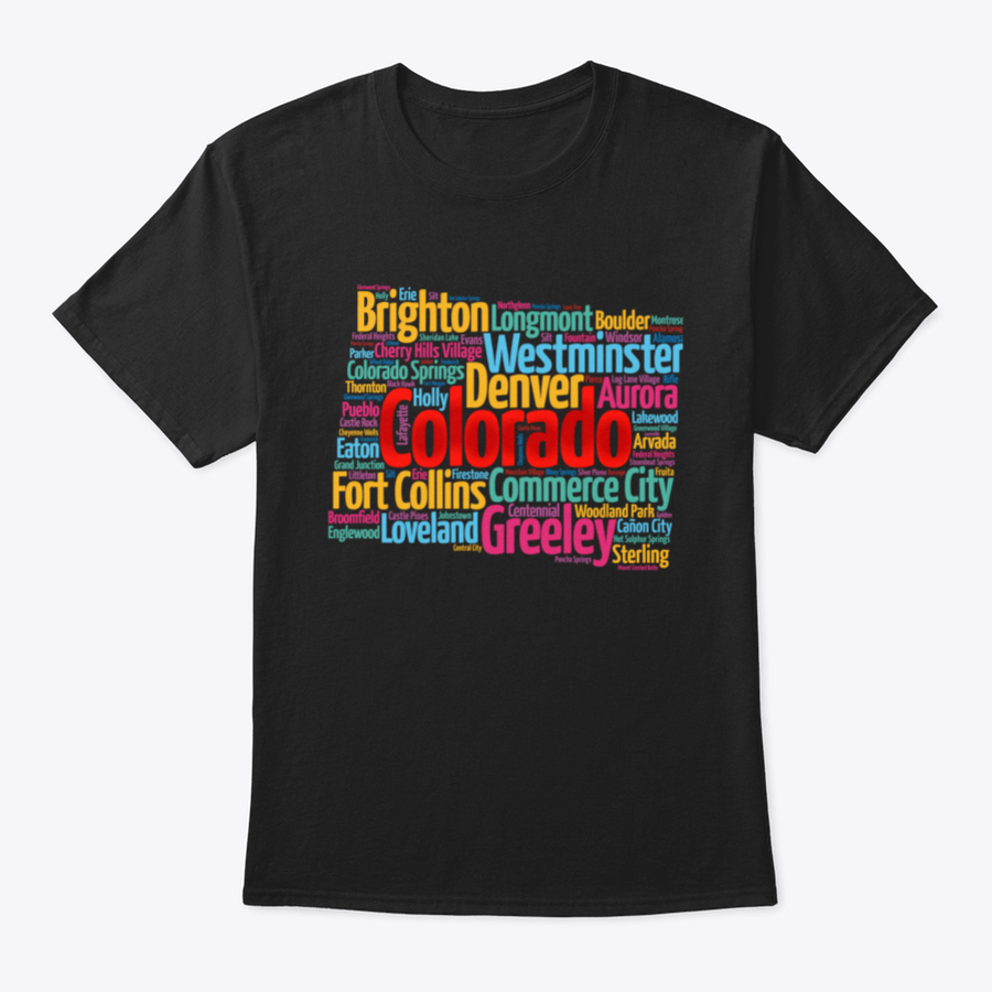 A comfortable List Of Cities In Colorado USA State T-shirt made from 100% cotton, showcasing a classic fit and midweight fabric.