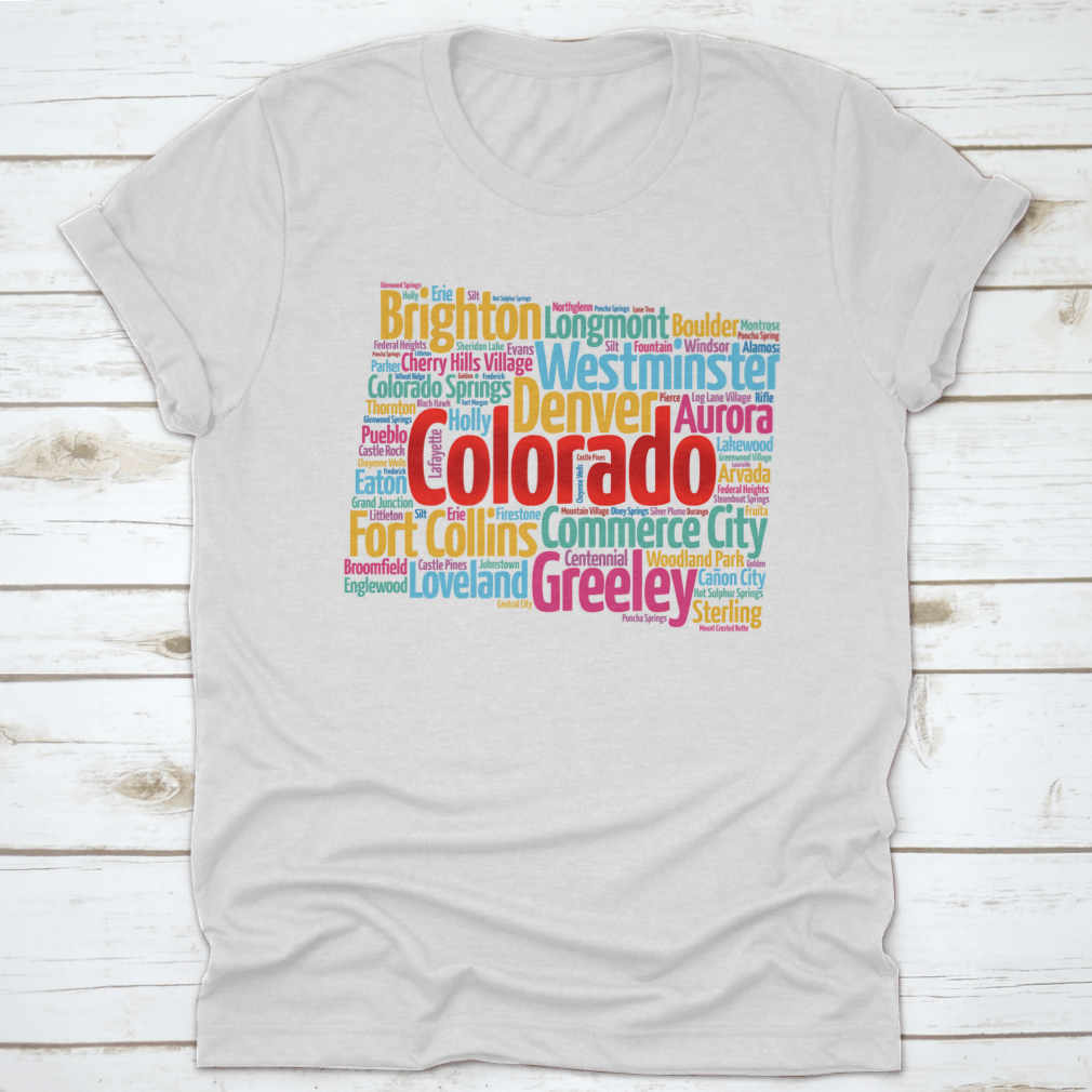 A comfortable List Of Cities In Colorado USA State T-shirt made from 100% cotton, showcasing a classic fit and midweight fabric.