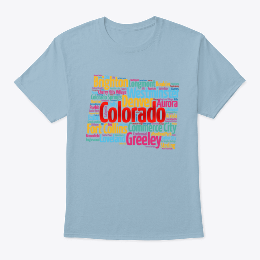 A comfortable List Of Cities In Colorado USA State T-shirt made from 100% cotton, showcasing a classic fit and midweight fabric.