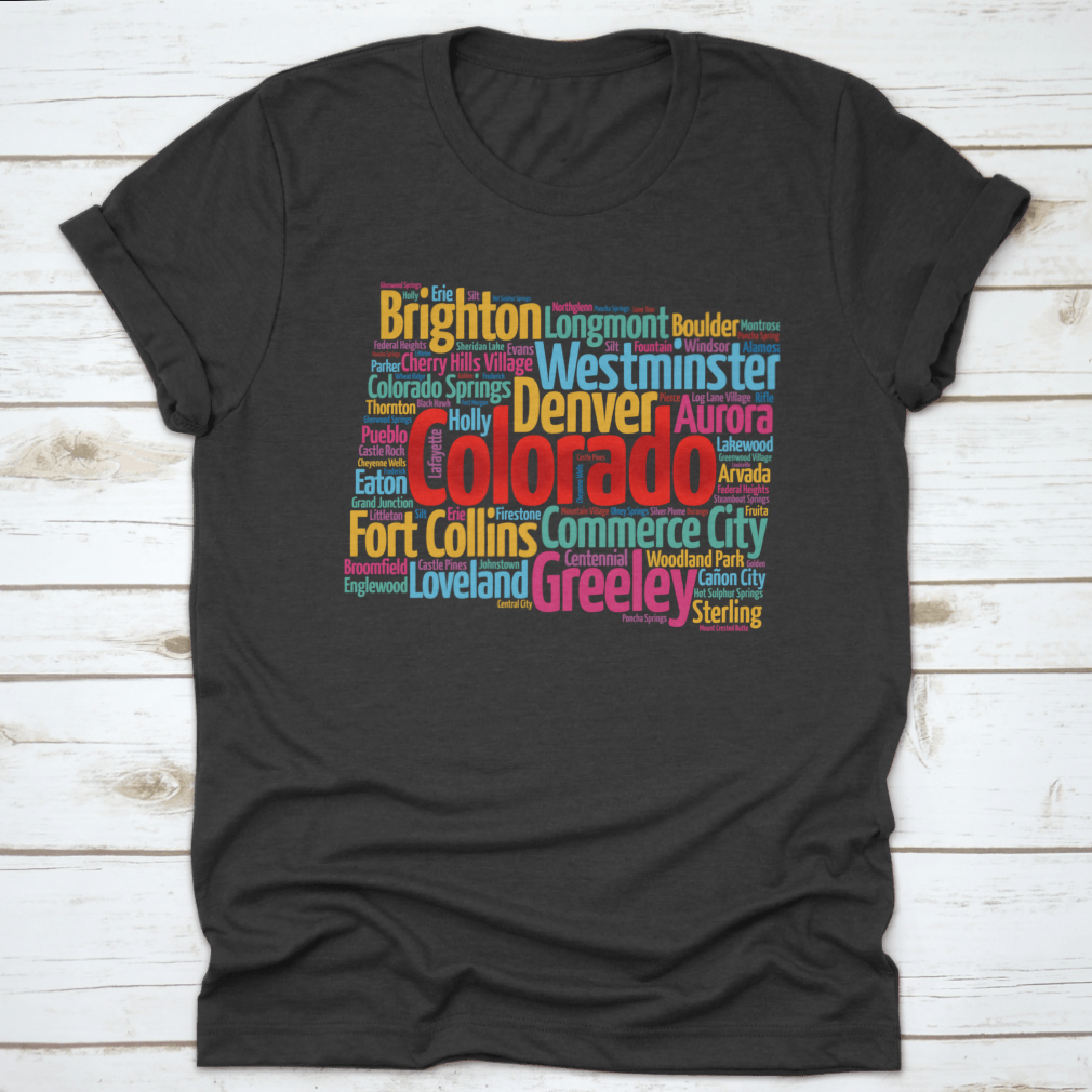 A comfortable List Of Cities In Colorado USA State T-shirt made from 100% cotton, showcasing a classic fit and midweight fabric.