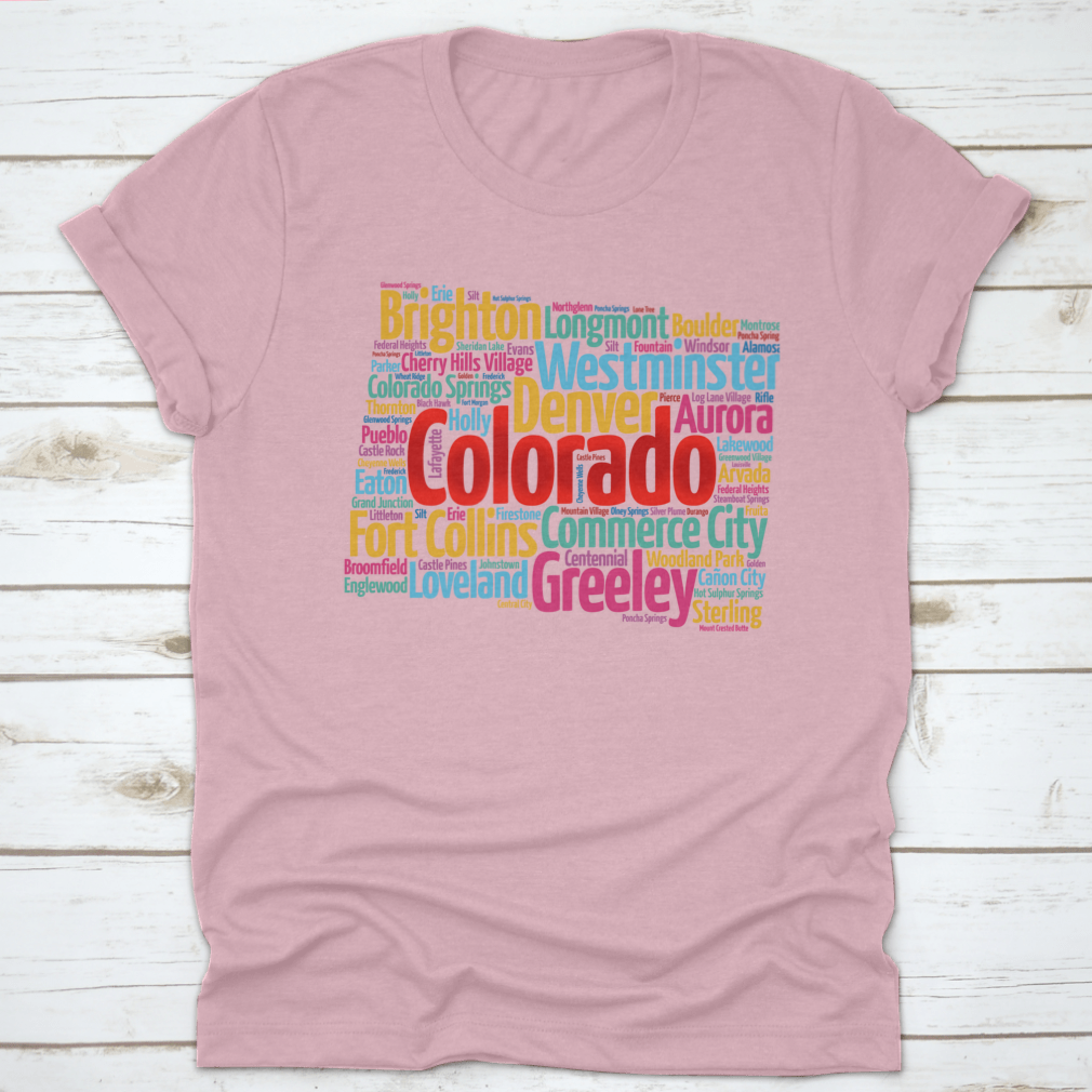 A comfortable List Of Cities In Colorado USA State T-shirt made from 100% cotton, showcasing a classic fit and midweight fabric.