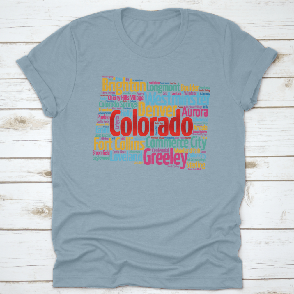 A comfortable List Of Cities In Colorado USA State T-shirt made from 100% cotton, showcasing a classic fit and midweight fabric.