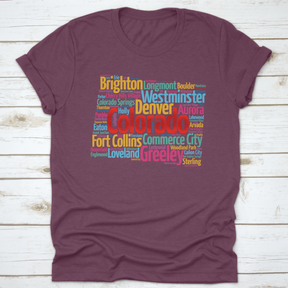 A comfortable List Of Cities In Colorado USA State T-shirt made from 100% cotton, showcasing a classic fit and midweight fabric.