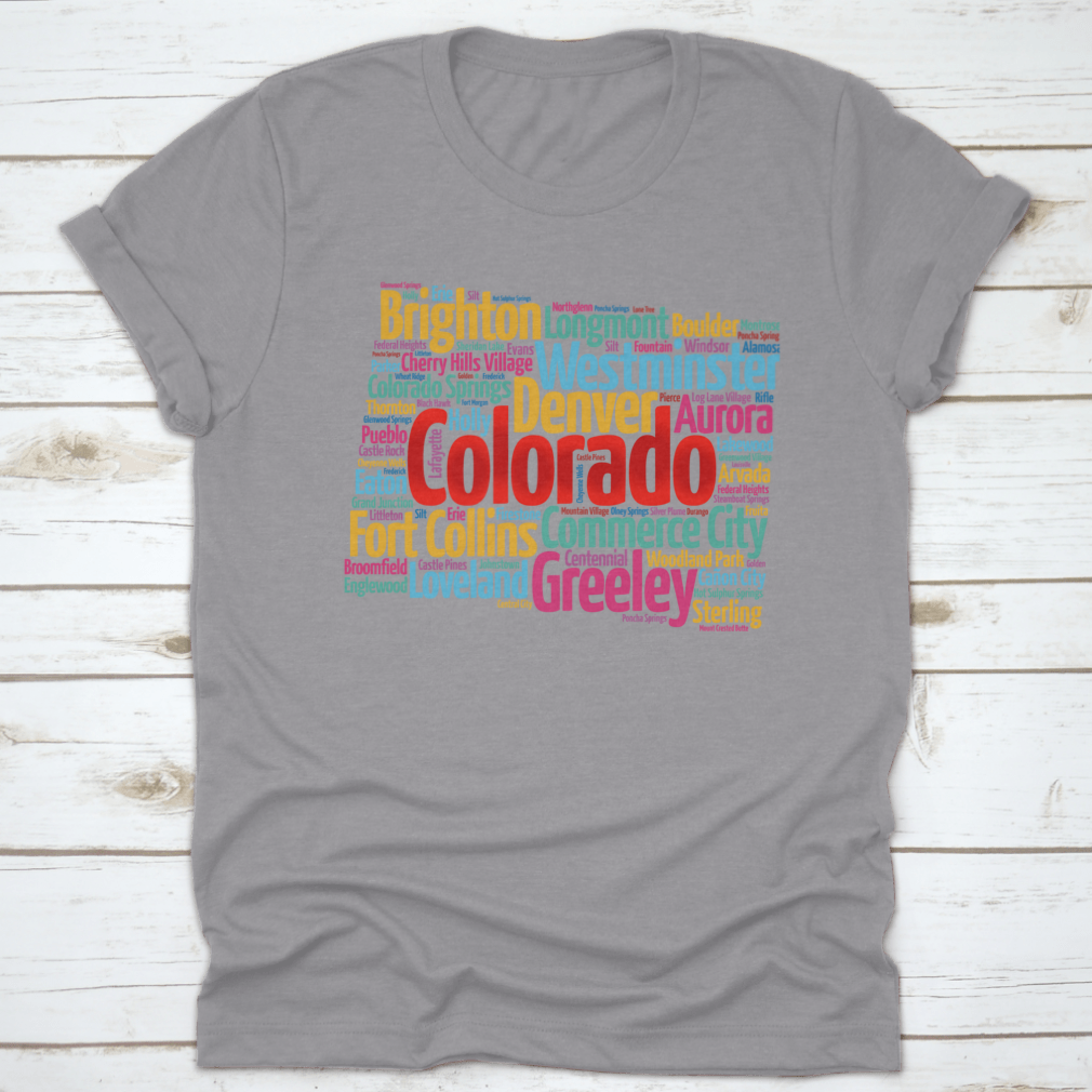 A comfortable List Of Cities In Colorado USA State T-shirt made from 100% cotton, showcasing a classic fit and midweight fabric.