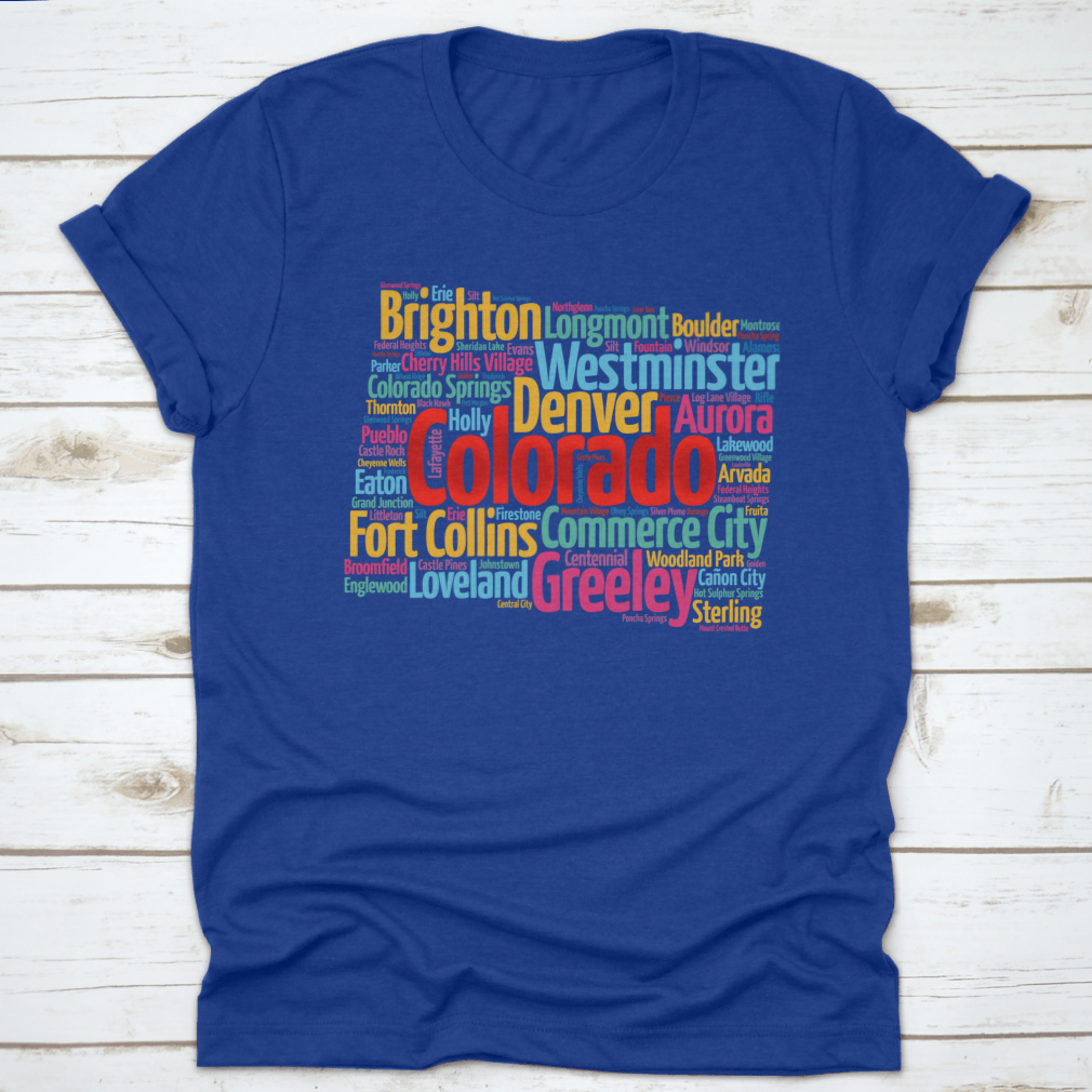 A comfortable List Of Cities In Colorado USA State T-shirt made from 100% cotton, showcasing a classic fit and midweight fabric.