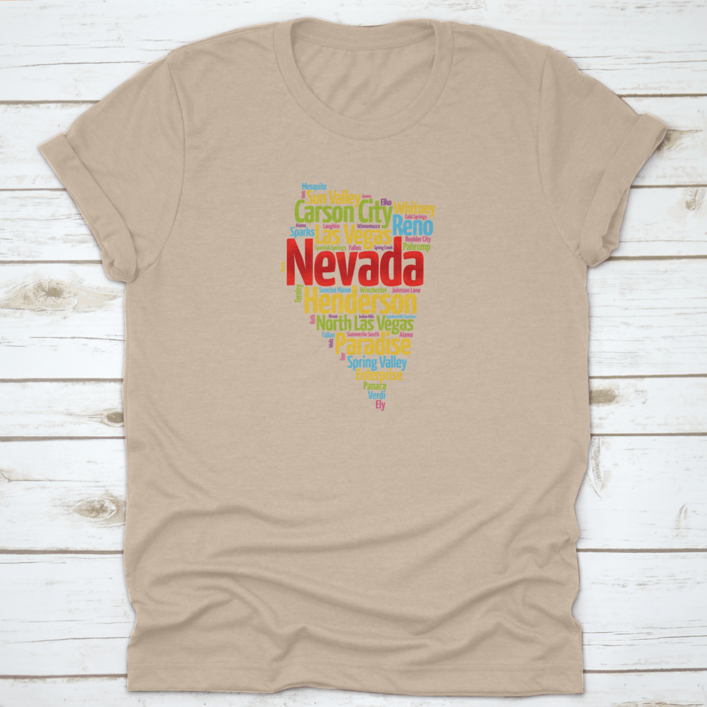 A stylish Map Silhouette Word Cloud Map featuring the names of cities in Nevada, designed for geography enthusiasts.