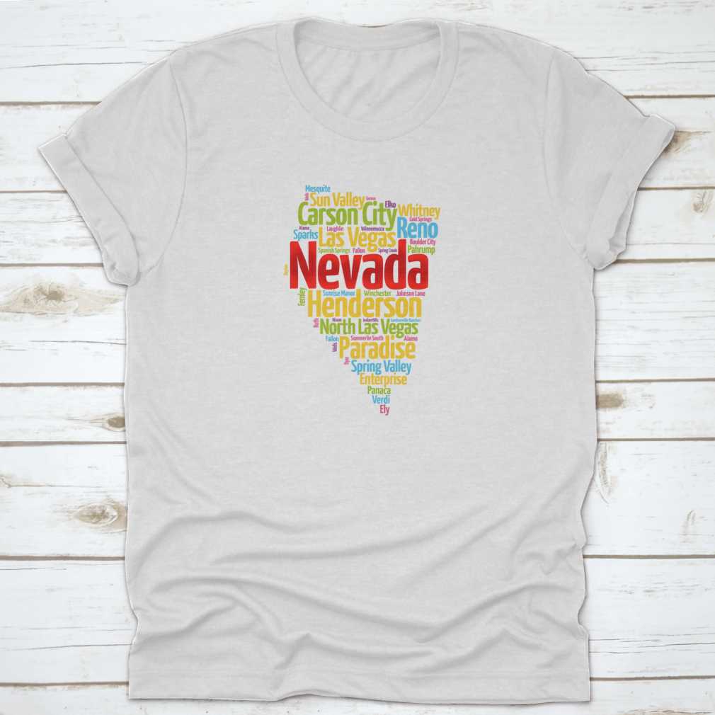 A stylish Map Silhouette Word Cloud Map featuring the names of cities in Nevada, designed for geography enthusiasts.