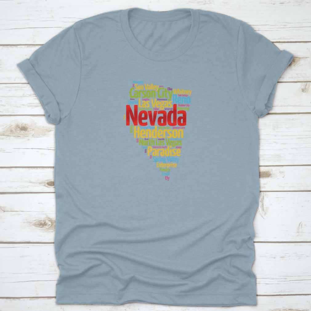 A stylish Map Silhouette Word Cloud Map featuring the names of cities in Nevada, designed for geography enthusiasts.