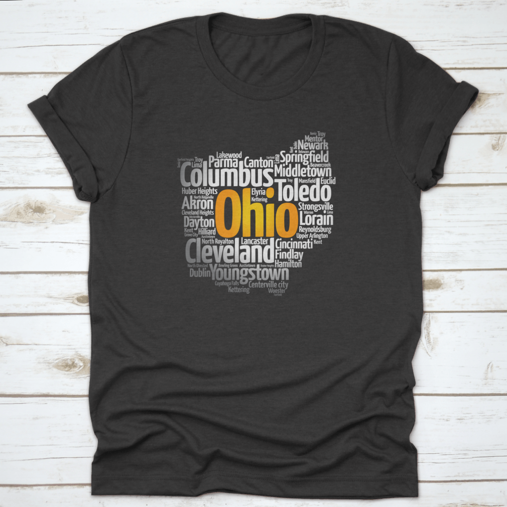 A stylish cotton t-shirt featuring a silhouette word cloud map of cities in Ohio, showcasing various city names in an artistic design.