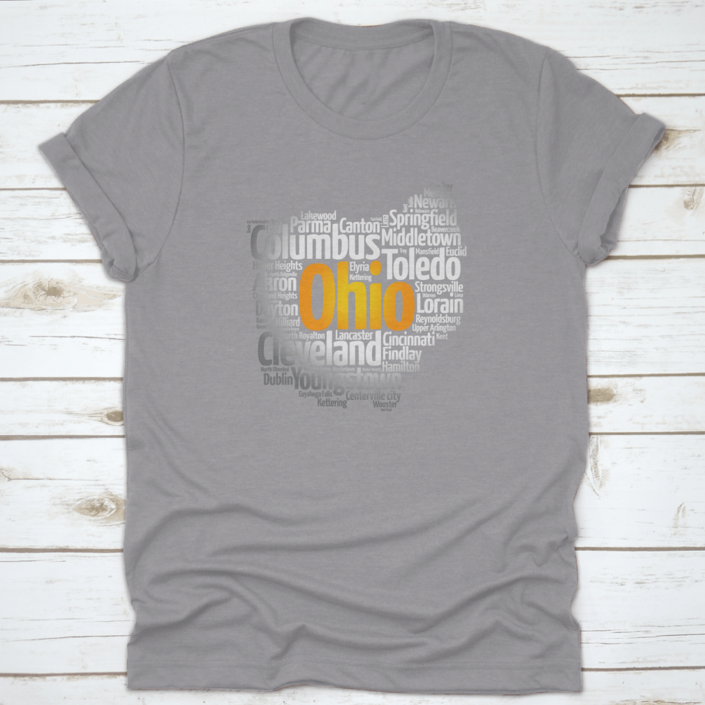 A stylish cotton t-shirt featuring a silhouette word cloud map of cities in Ohio, showcasing various city names in an artistic design.