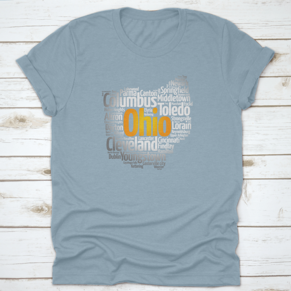 A stylish cotton t-shirt featuring a silhouette word cloud map of cities in Ohio, showcasing various city names in an artistic design.