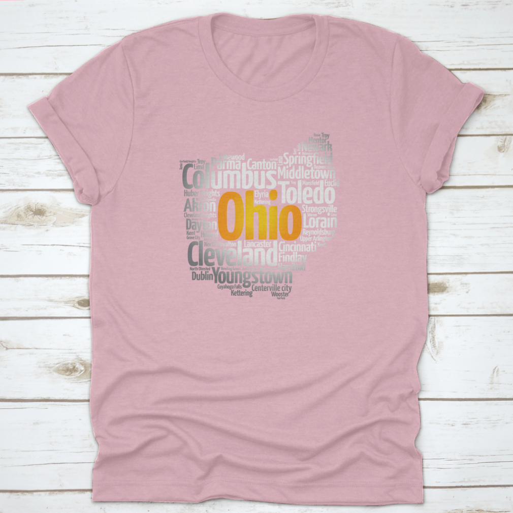 A stylish cotton t-shirt featuring a silhouette word cloud map of cities in Ohio, showcasing various city names in an artistic design.