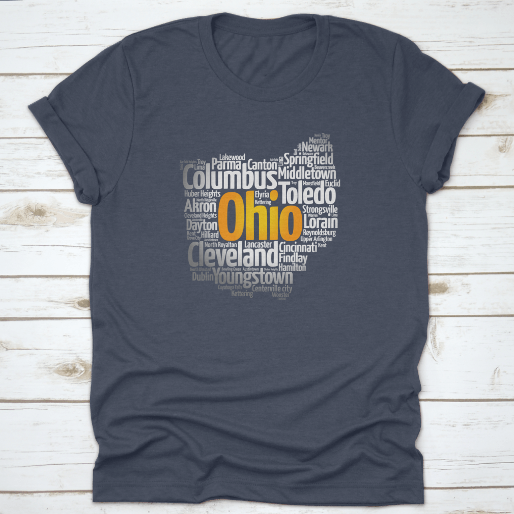 A stylish cotton t-shirt featuring a silhouette word cloud map of cities in Ohio, showcasing various city names in an artistic design.