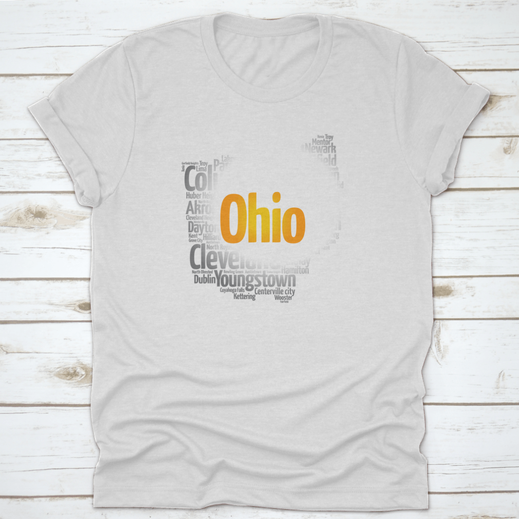 A stylish cotton t-shirt featuring a silhouette word cloud map of cities in Ohio, showcasing various city names in an artistic design.