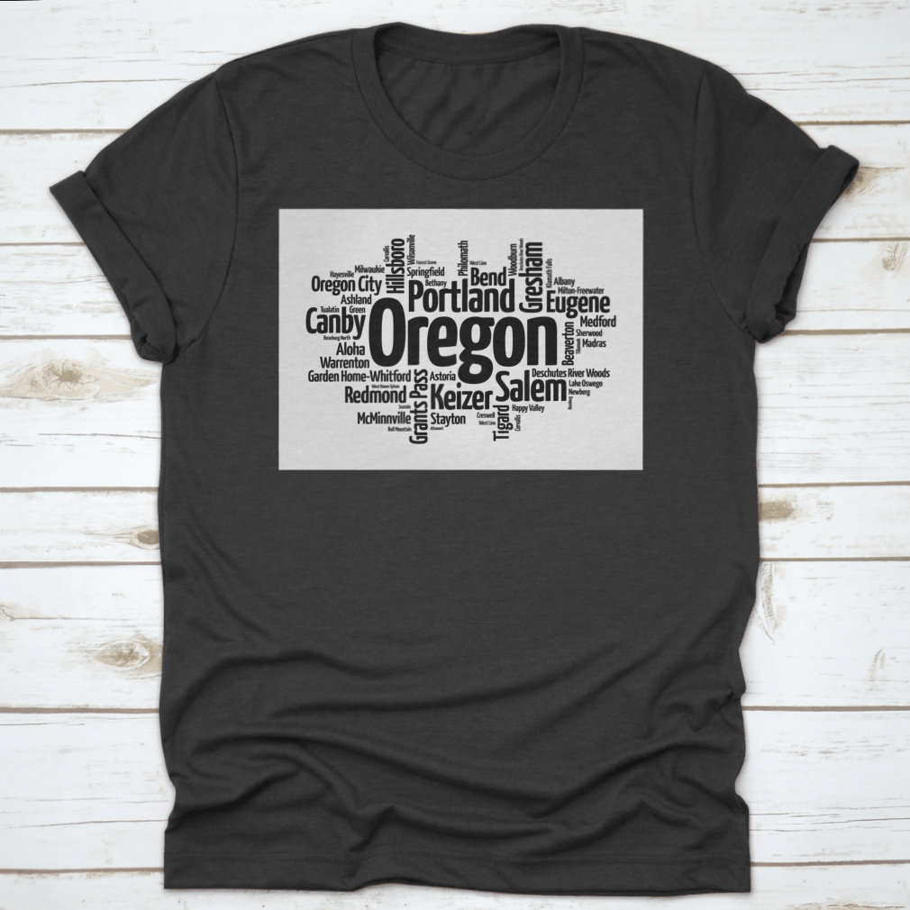 A stylish word cloud design featuring various cities in Oregon, USA, showcasing the state's diverse geography and culture.