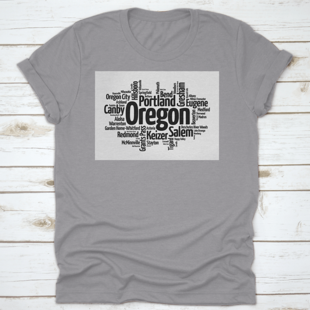 A stylish word cloud design featuring various cities in Oregon, USA, showcasing the state's diverse geography and culture.