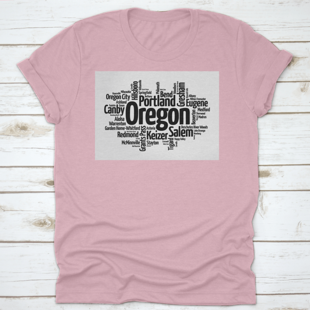 A stylish word cloud design featuring various cities in Oregon, USA, showcasing the state's diverse geography and culture.