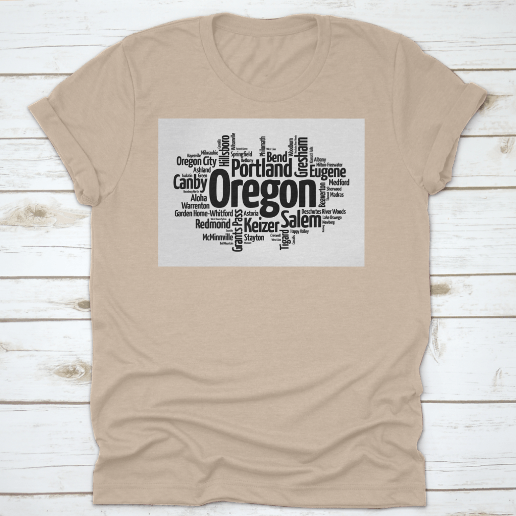 A stylish word cloud design featuring various cities in Oregon, USA, showcasing the state's diverse geography and culture.