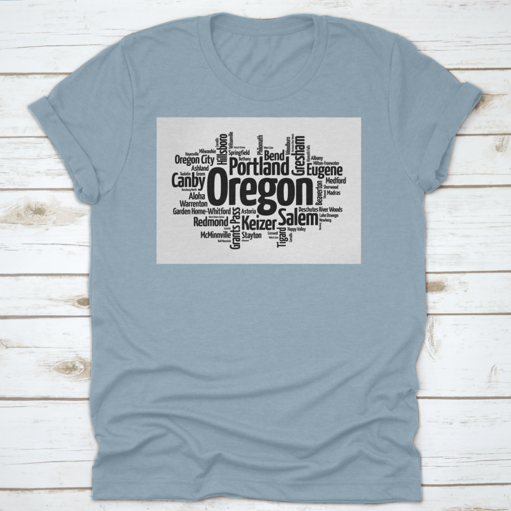 A stylish word cloud design featuring various cities in Oregon, USA, showcasing the state's diverse geography and culture.