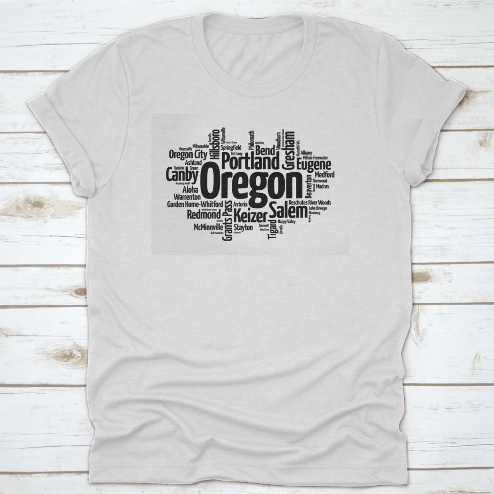 A stylish word cloud design featuring various cities in Oregon, USA, showcasing the state's diverse geography and culture.