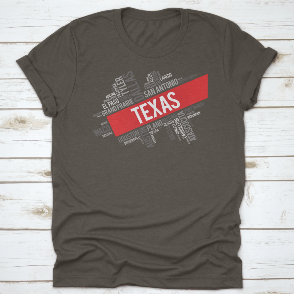 A stylish t-shirt featuring a colorful word cloud of Texas cities, showcasing the vibrant culture and diversity of the Lone Star State.