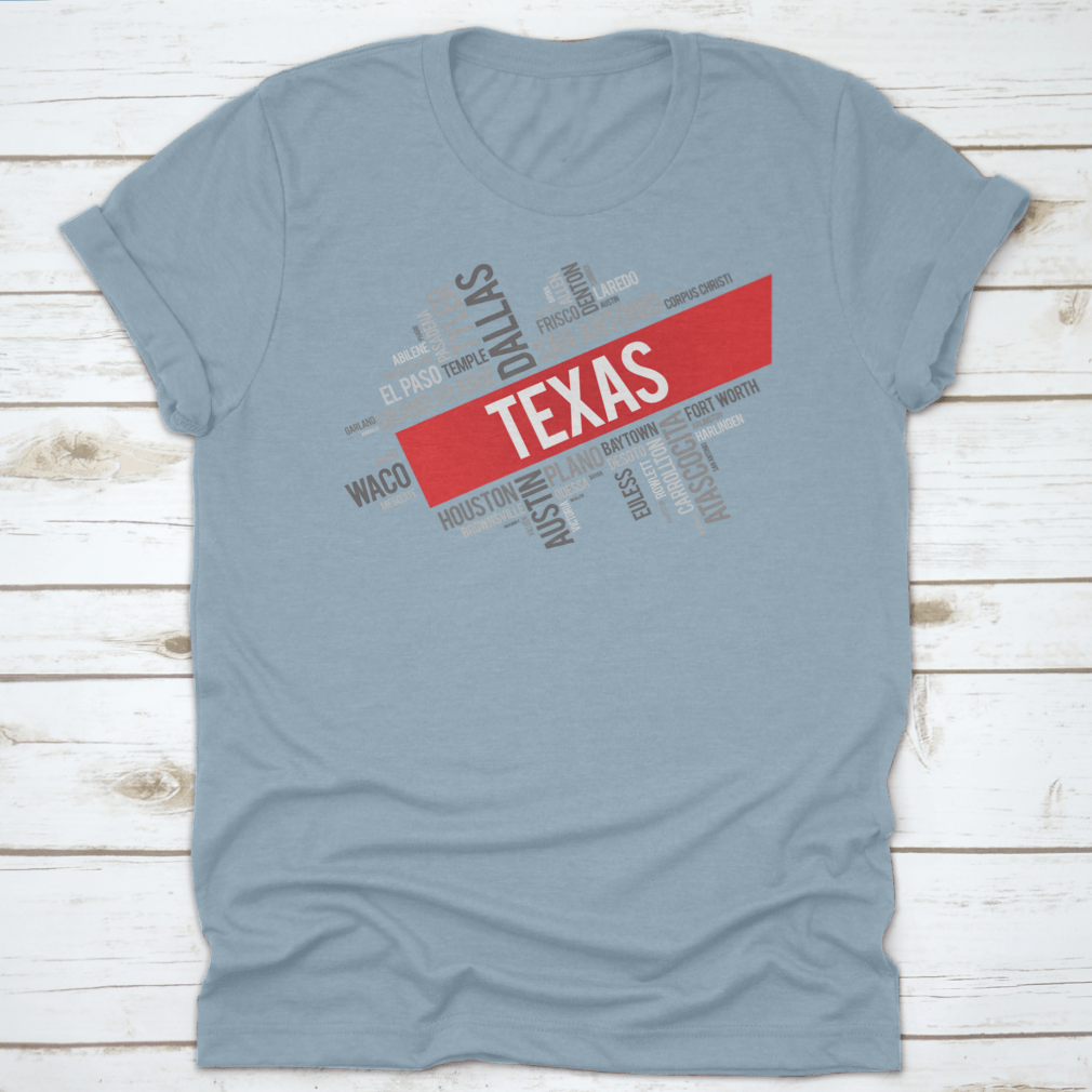 A stylish t-shirt featuring a colorful word cloud of Texas cities, showcasing the vibrant culture and diversity of the Lone Star State.