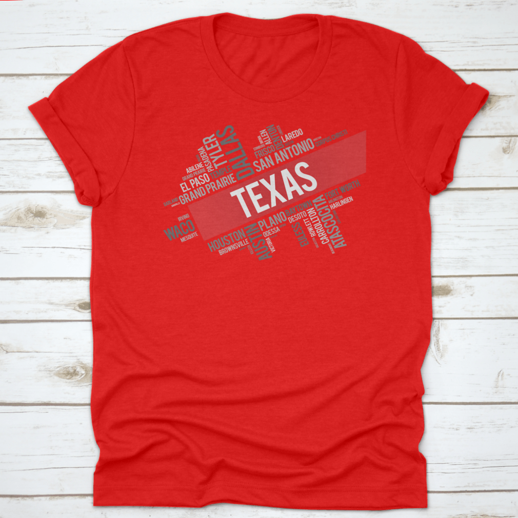 A stylish t-shirt featuring a colorful word cloud of Texas cities, showcasing the vibrant culture and diversity of the Lone Star State.