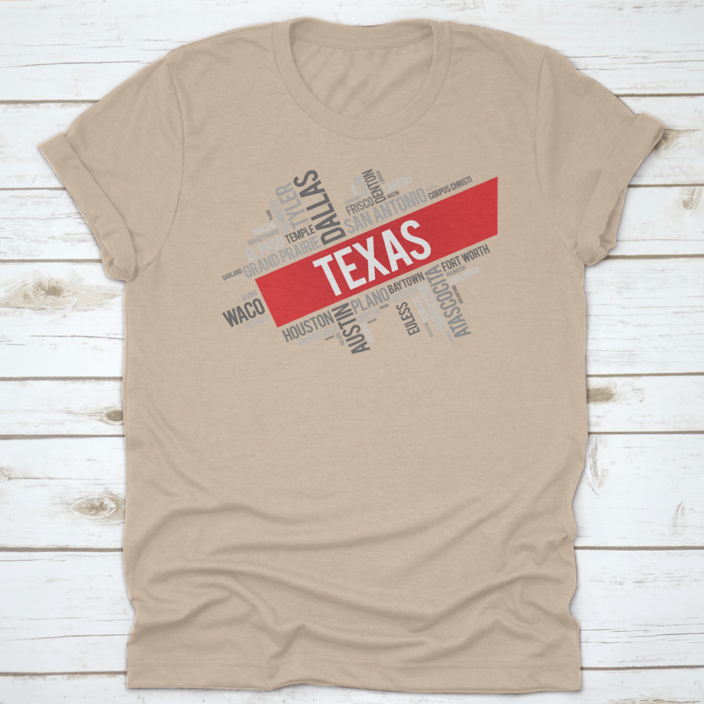 A stylish t-shirt featuring a colorful word cloud of Texas cities, showcasing the vibrant culture and diversity of the Lone Star State.