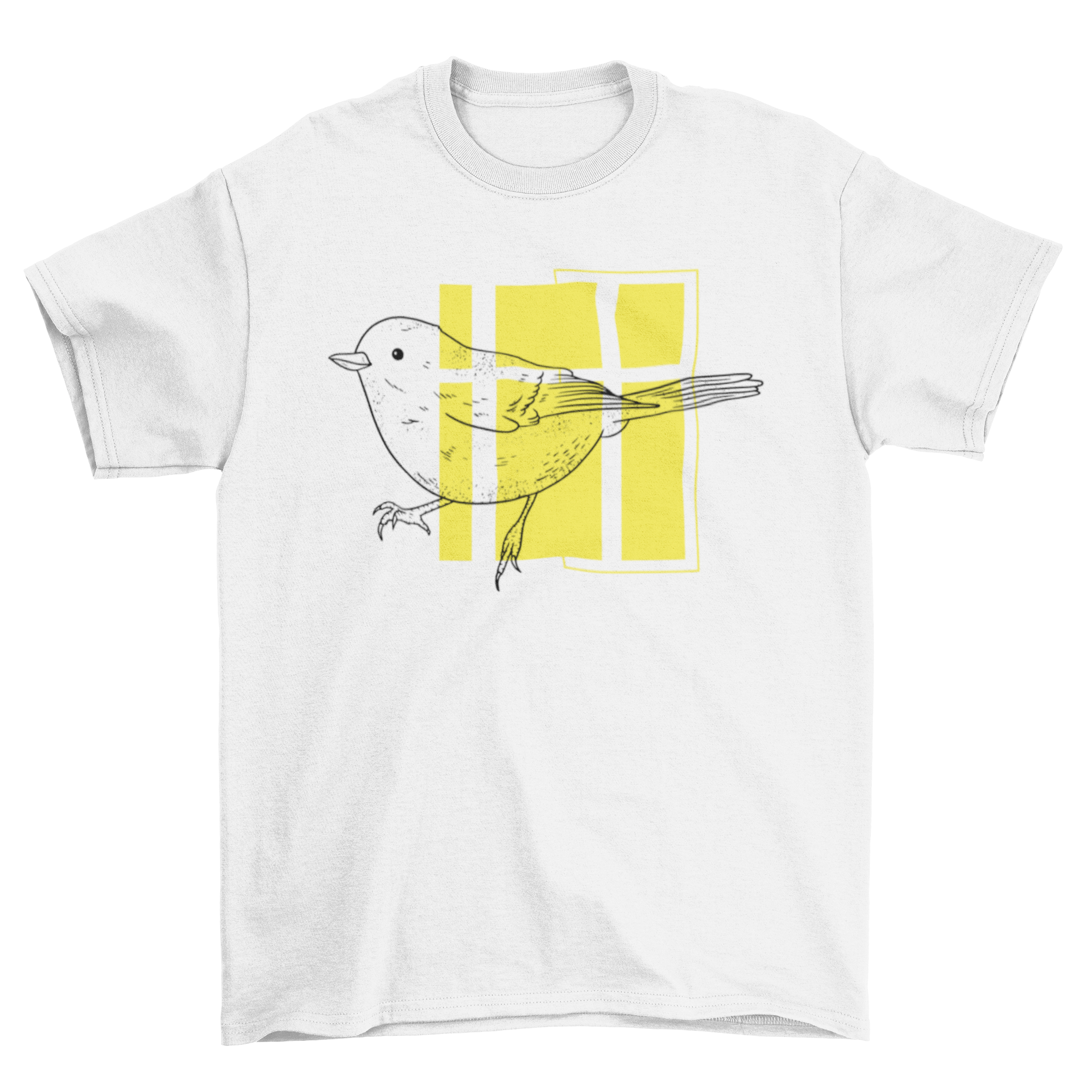 A cute t-shirt featuring a hand-drawn little bird illustration on a bright yellow geometric background.