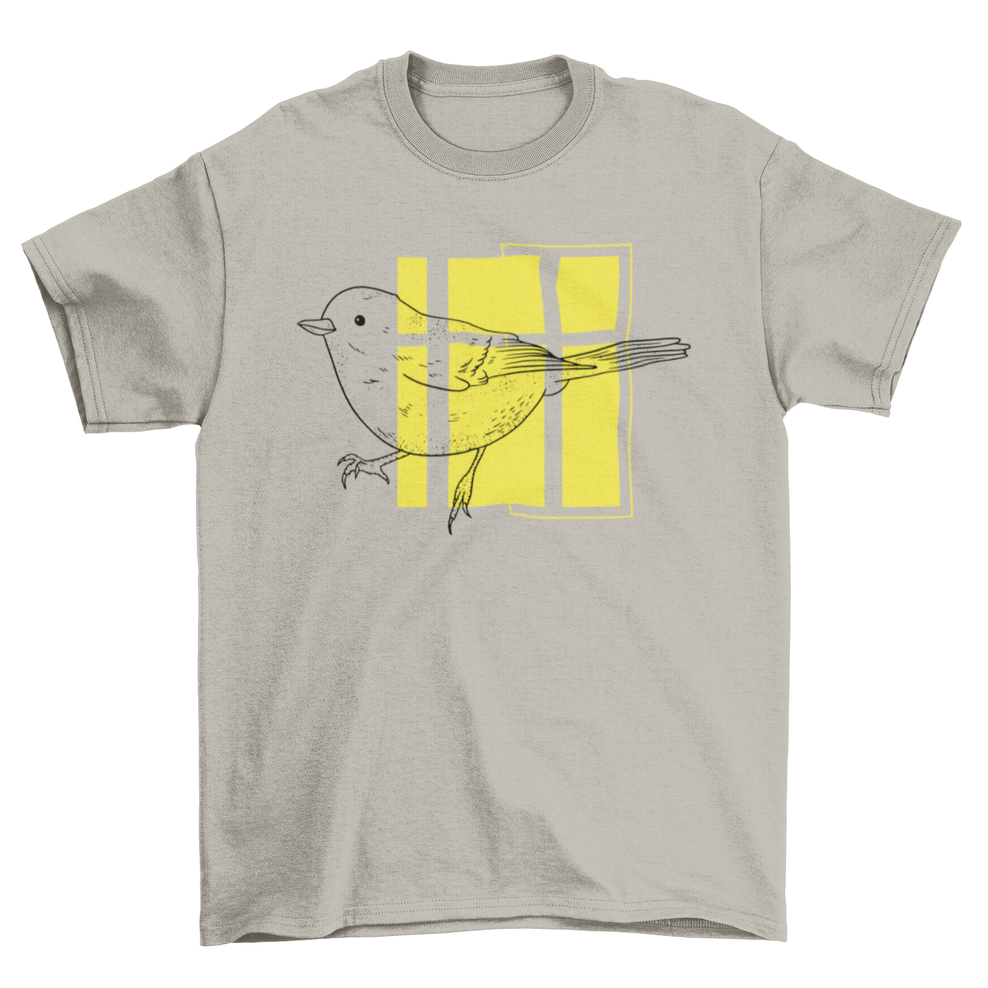 A cute t-shirt featuring a hand-drawn little bird illustration on a bright yellow geometric background.