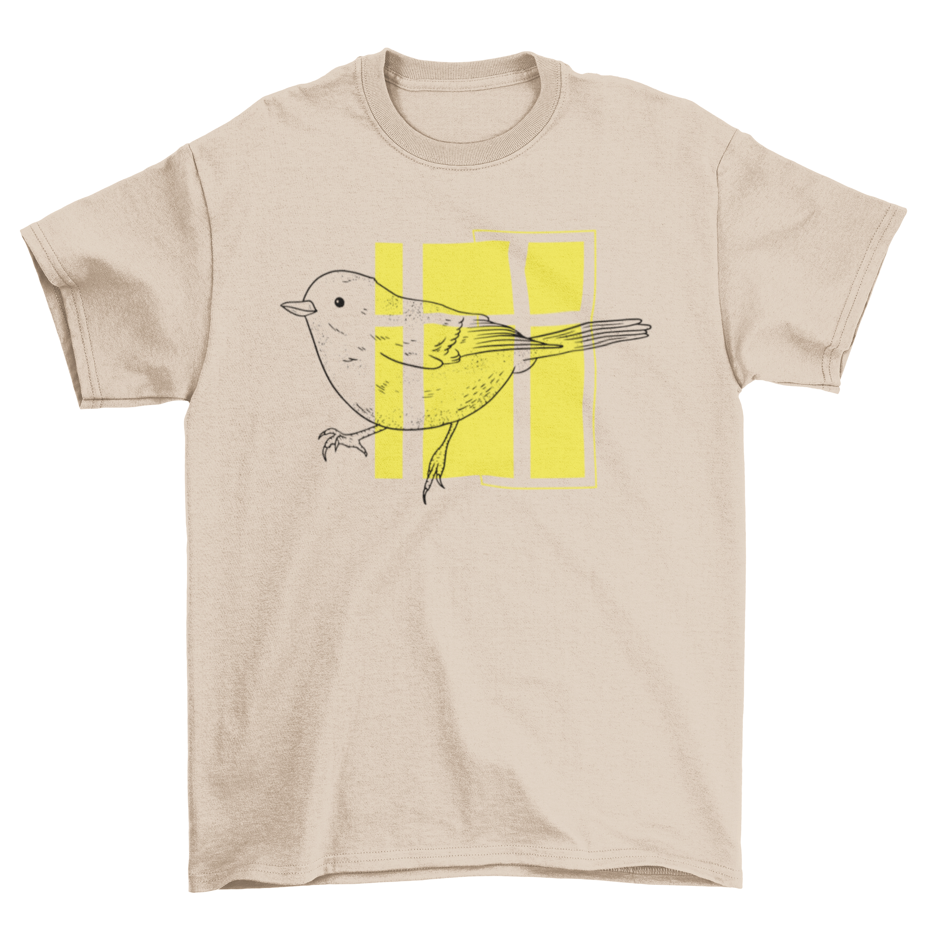 A cute t-shirt featuring a hand-drawn little bird illustration on a bright yellow geometric background.