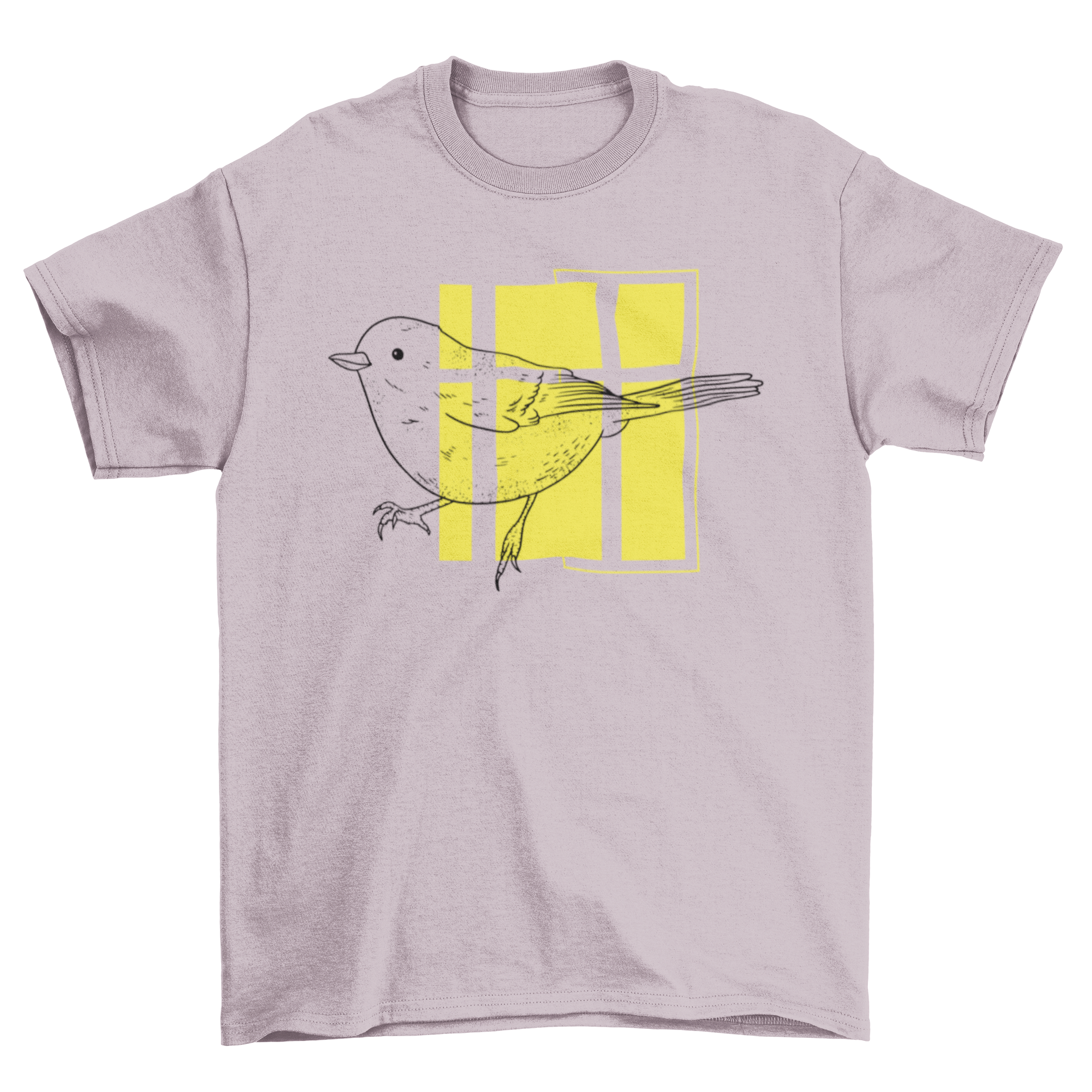 A cute t-shirt featuring a hand-drawn little bird illustration on a bright yellow geometric background.