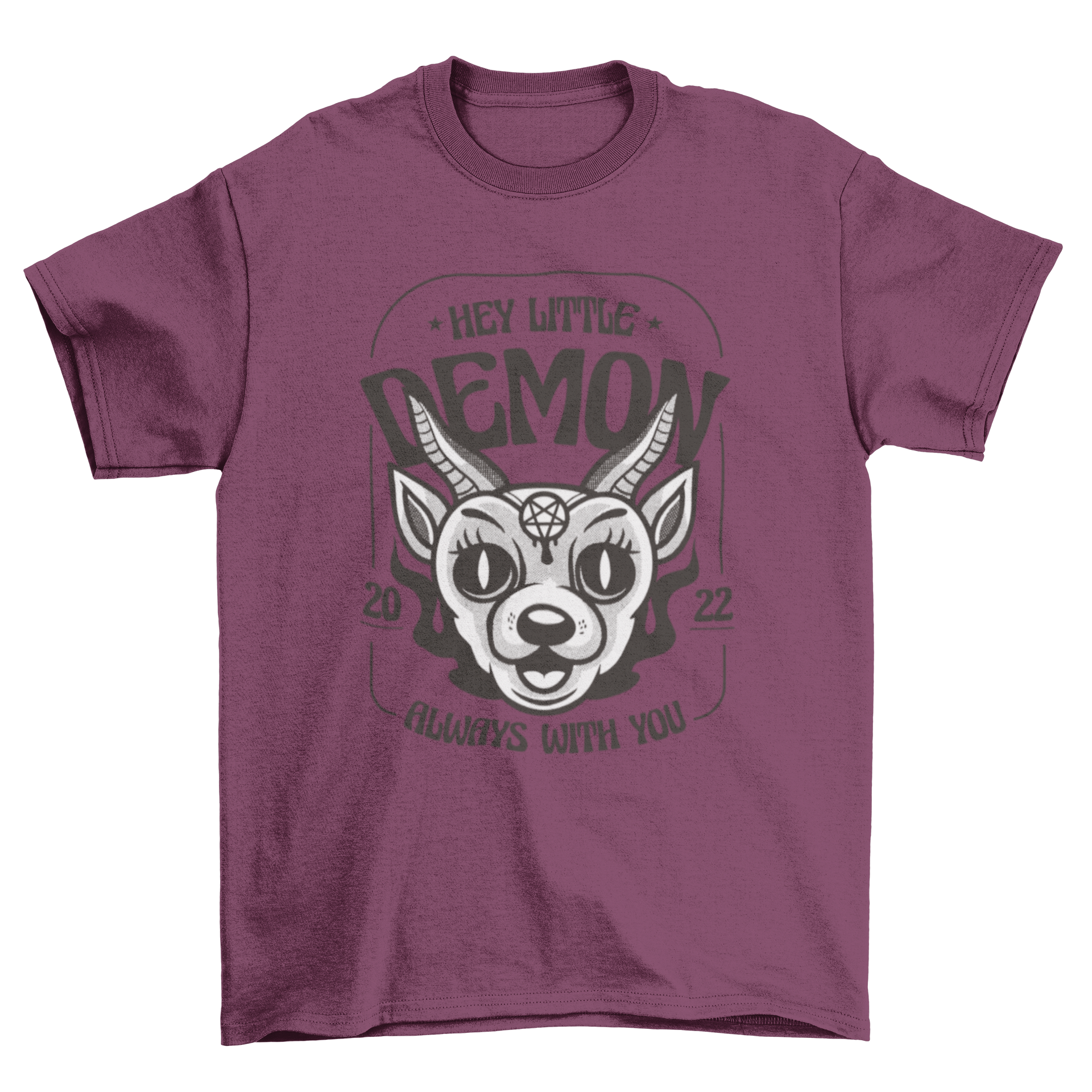 A stylish t-shirt featuring a unique demon creature design with the quote 'Hey little demon, always with you'.