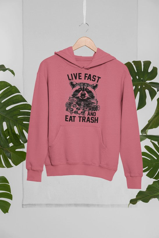 Live Fast And Eat Trash Hoodie featuring a unique artistic design, adjustable hood, and cozy fleece lining.