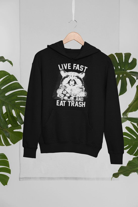 Live Fast And Eat Trash Hoodie featuring a unique artistic design, adjustable hood, and cozy fleece lining.