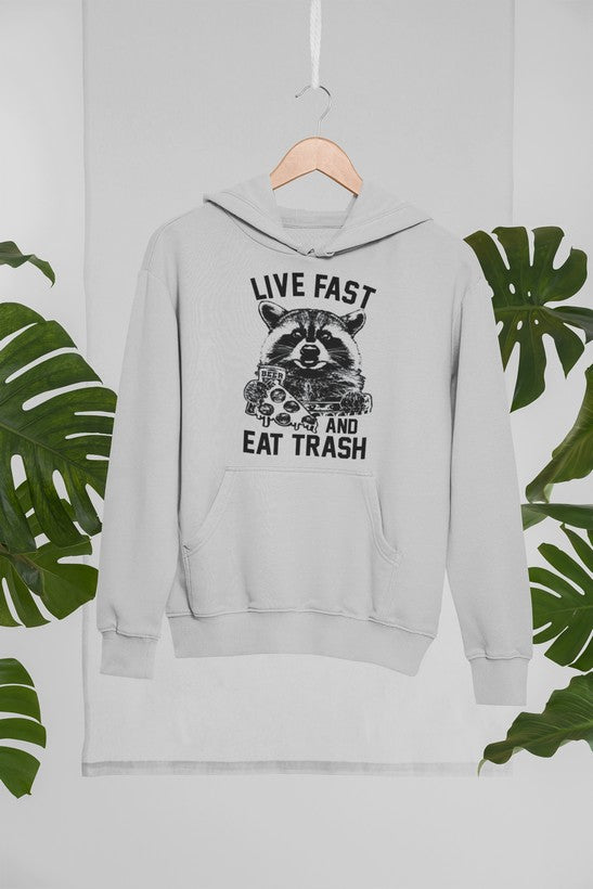 Live Fast And Eat Trash Hoodie featuring a unique artistic design, adjustable hood, and cozy fleece lining.