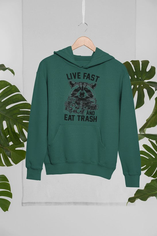 Live Fast And Eat Trash Hoodie featuring a unique artistic design, adjustable hood, and cozy fleece lining.