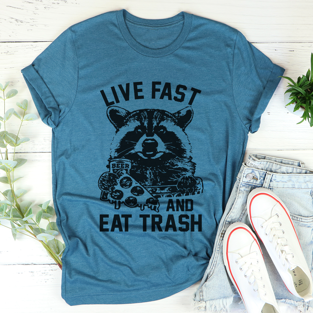 A stylish Live Fast And Eat Trash T-Shirt made from soft cotton, featuring a bold graphic print.