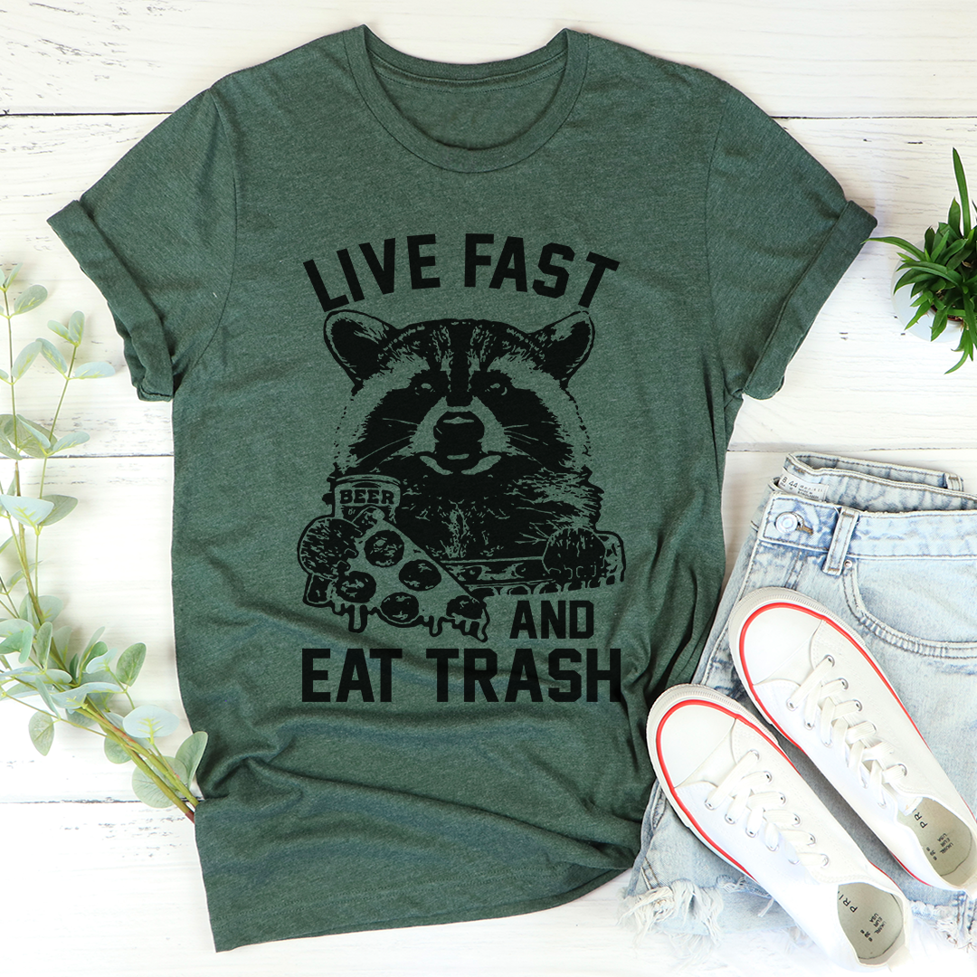 A stylish Live Fast And Eat Trash T-Shirt made from soft cotton, featuring a bold graphic print.