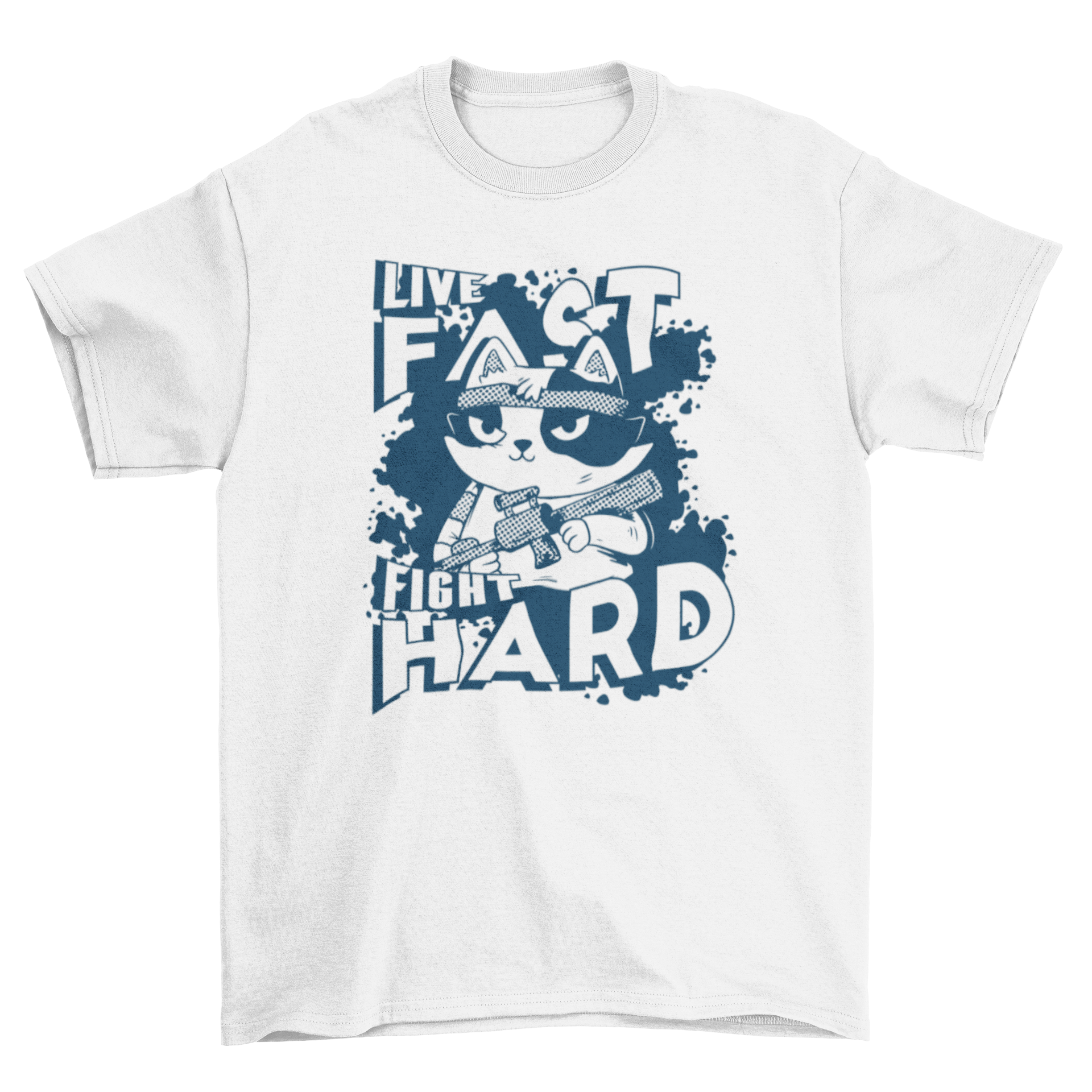 A vibrant cartoon cat holding a gun with the quote 'Live fast, fight hard' on a stylish t-shirt.